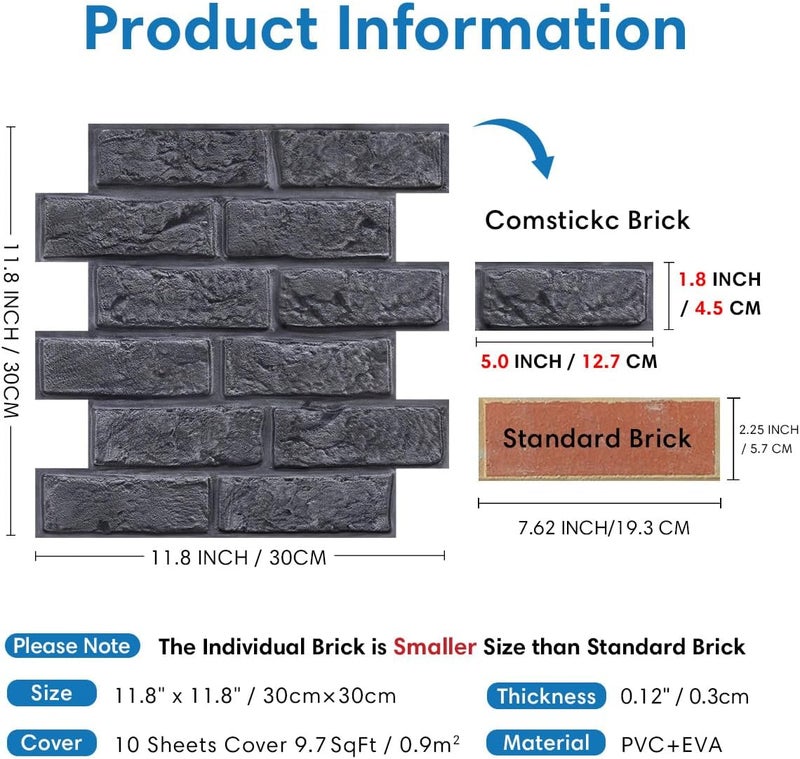 COMSTICKC 3D Dark Gray Brick Wall Panels, Peel and Stick Brick Tiles,10 Pcs of 12"X12",Small Size Thin PVC Fake 3D Brick Wallpaper Self Adhesive Wall Covering Interior Decor - Image 3